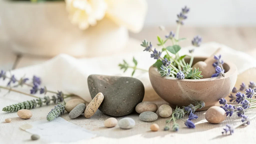 Natural detox tools including a dry brush and essential oils for lymphatic support